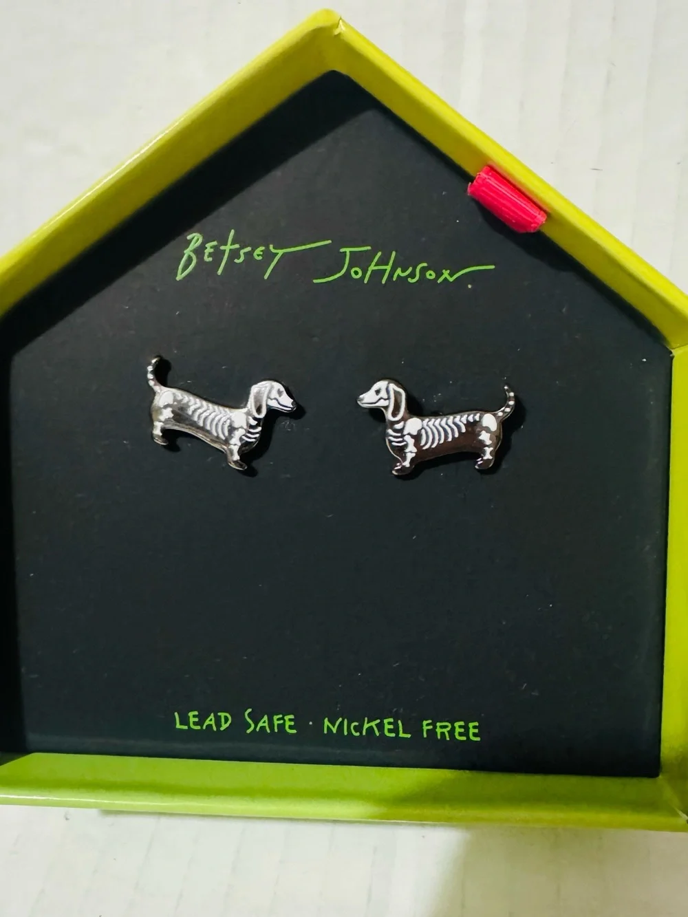 Betsey Johnson Silver Tone Dachshund skeleton day of the dead Stud Earrings Bnib